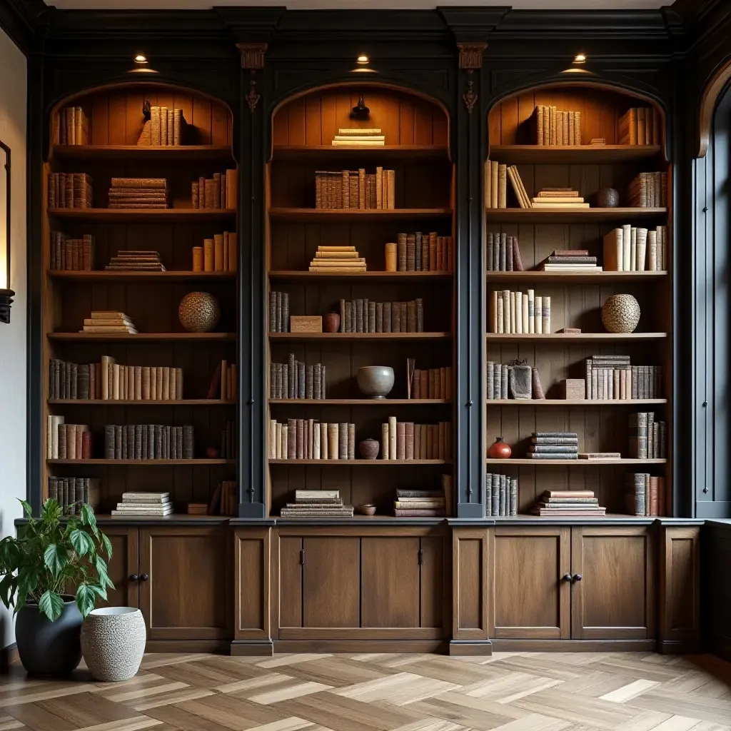 a photo of a rustic library with iron accents and wooden shelves