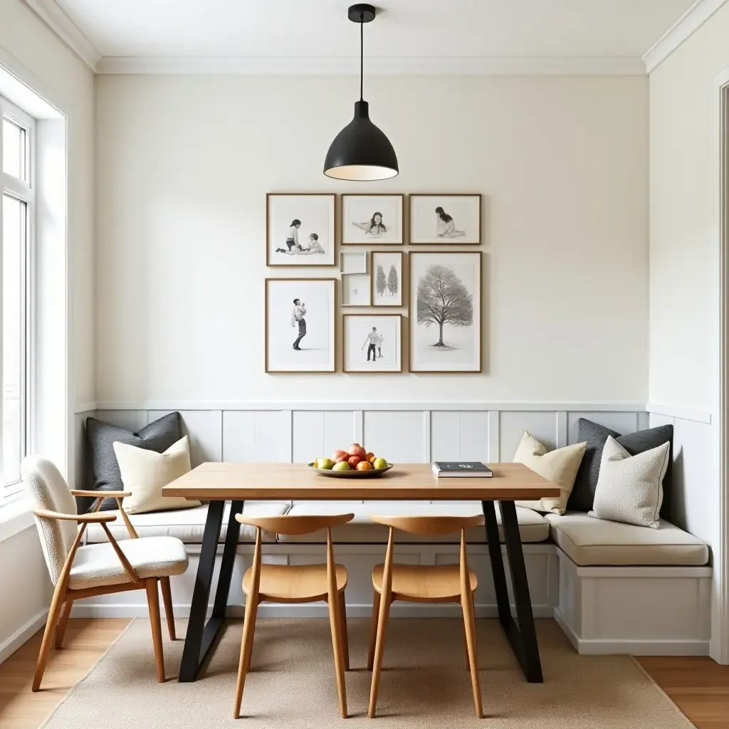 a photo of a breakfast nook with a gallery wall and family-friendly decor