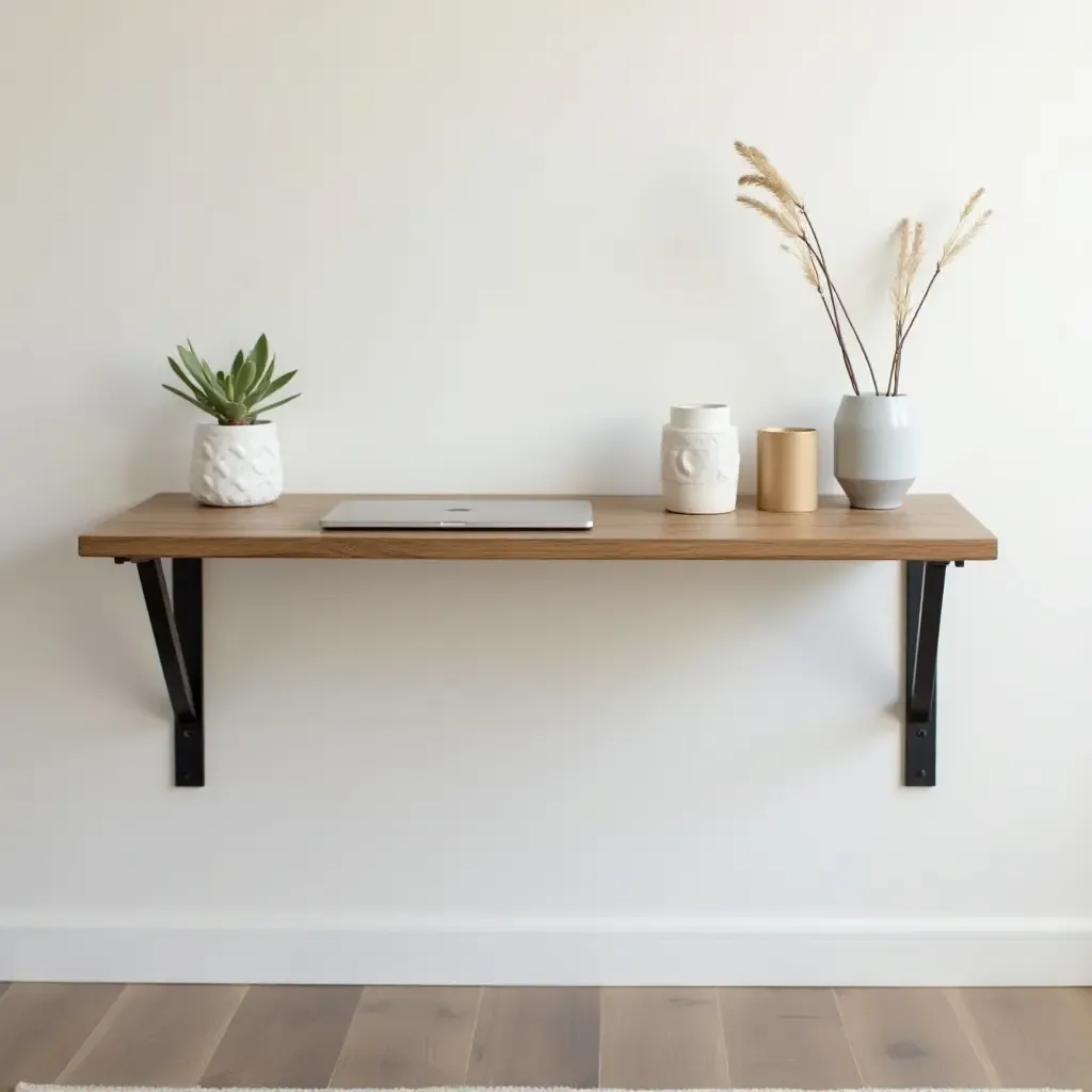 a photo of a wall-mounted desk with industrial-style brackets