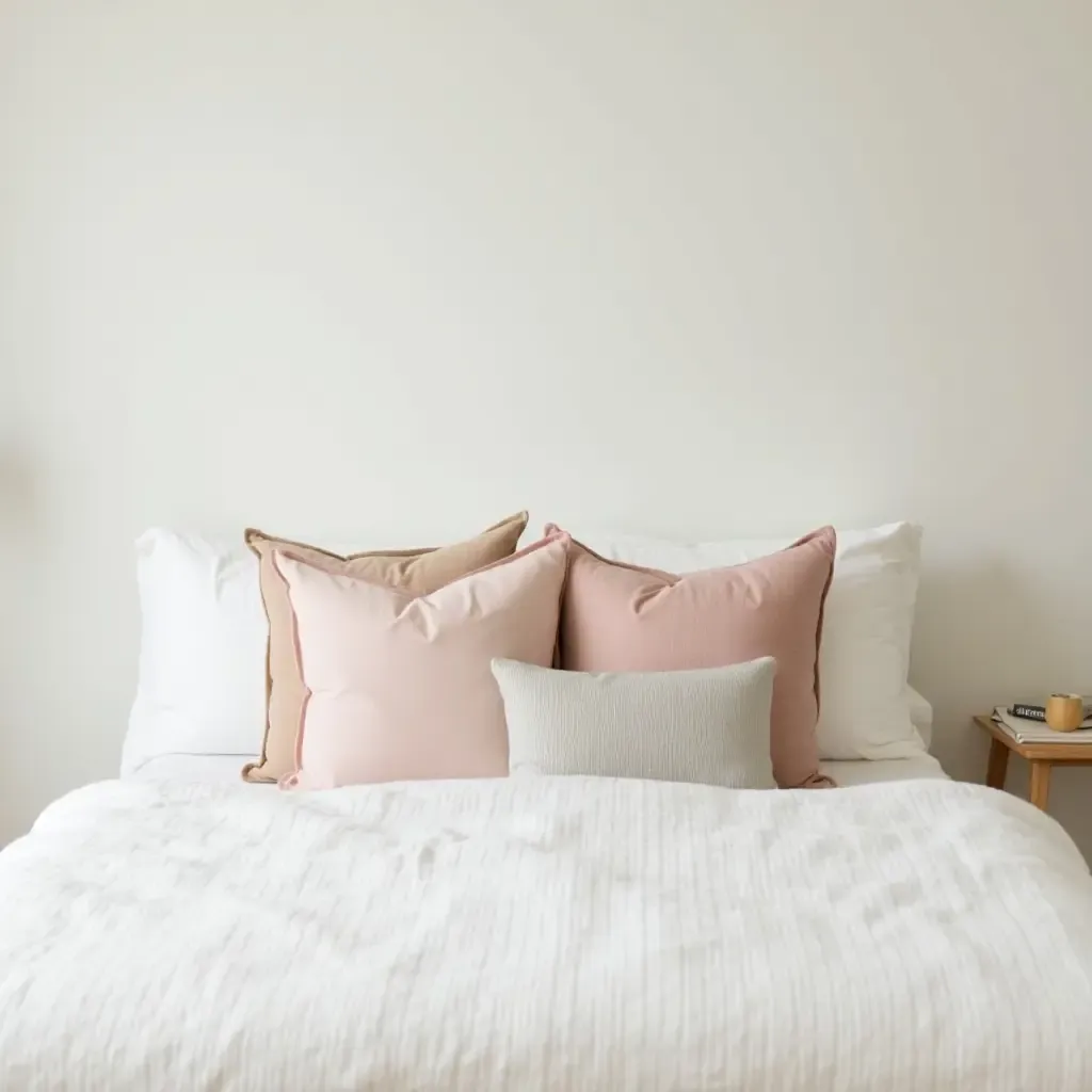 a photo of a serene bedroom with pastel-colored throw pillows