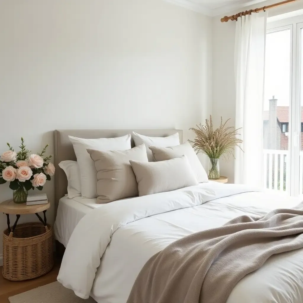 a photo of a stylish farmhouse bedroom with a wicker basket and fresh flowers