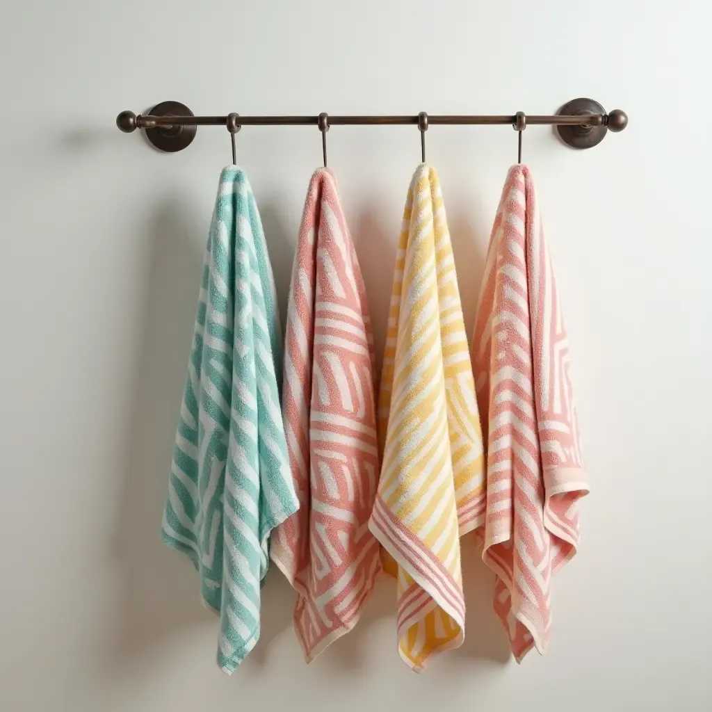 a photo of a vintage towel rack adorned with colorful towels