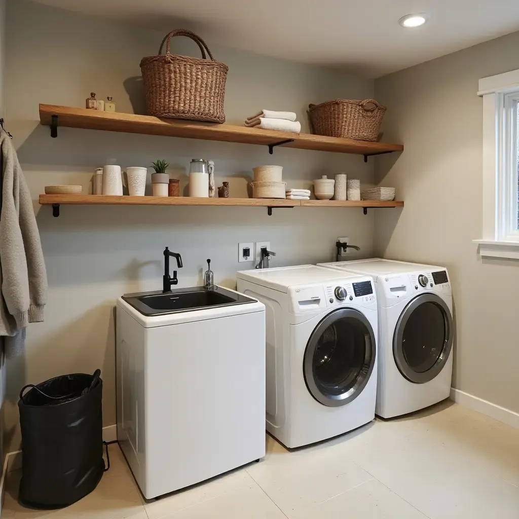 a photo of a basement laundry room with wooden shelves