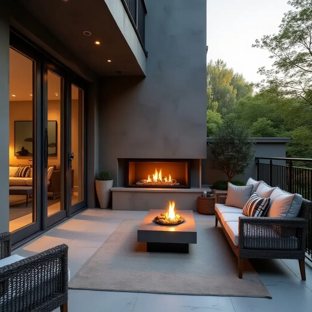 a photo of a balcony with a stylish outdoor fireplace and seating area