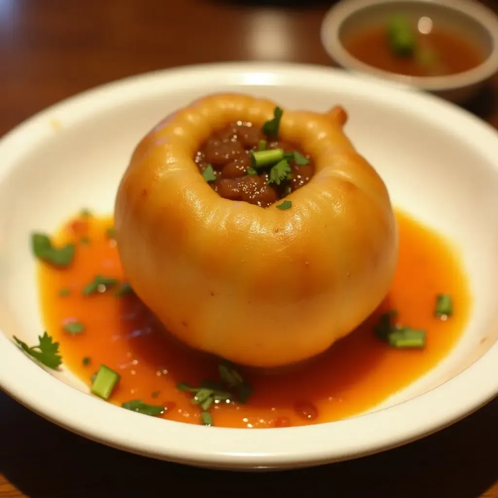 a photo of crispy Kachori stuffed with spicy lentils, garnished with tangy tamarind sauce.