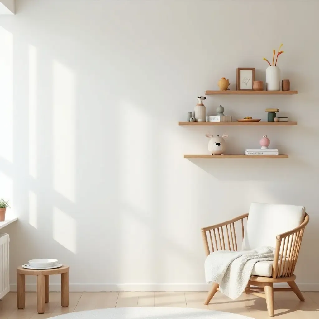 a photo of a whimsical nursery with decorative floating shelves