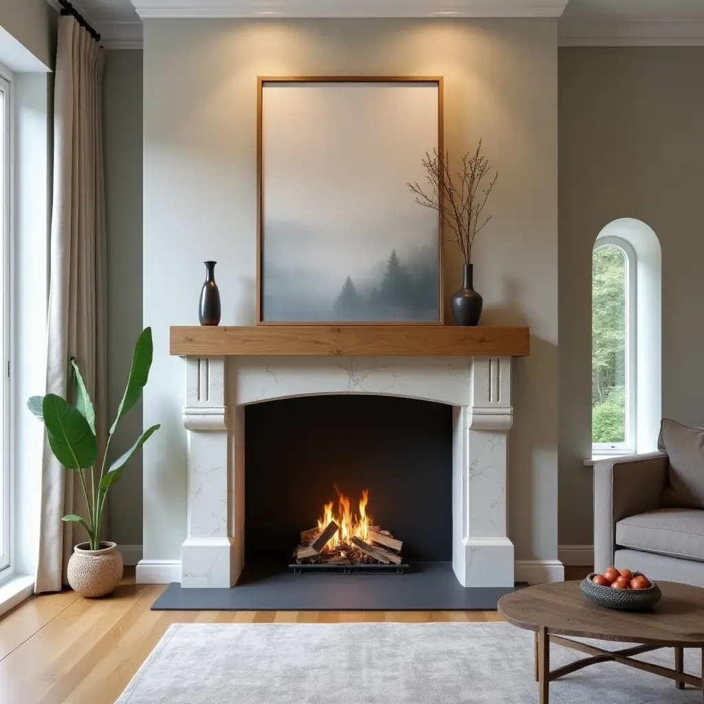 a photo of a contemporary fireplace with stylish decor around it