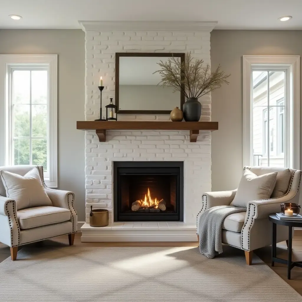 a photo of a cozy basement fireplace area styled with farmhouse decor