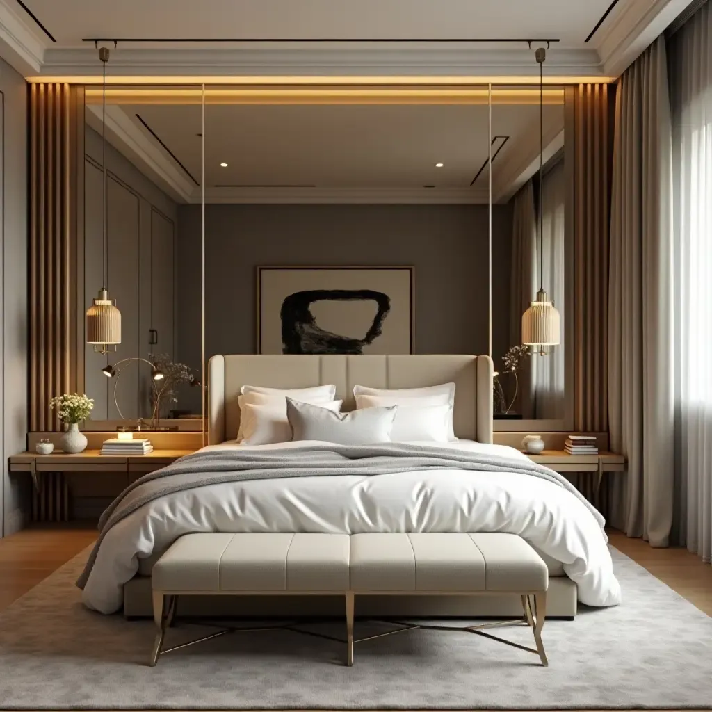 a photo of a mirrored wall behind a bed reflecting light in a glamorous bedroom