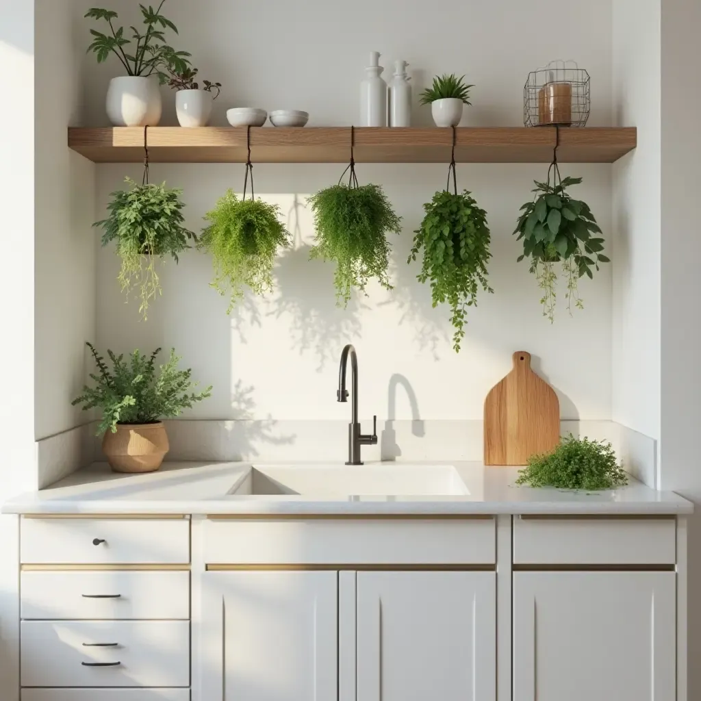 a photo of a chic kitchen with hanging herbs and minimalist design