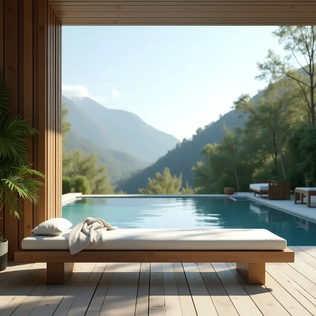 a photo of a wooden bench with cushions overlooking the pool