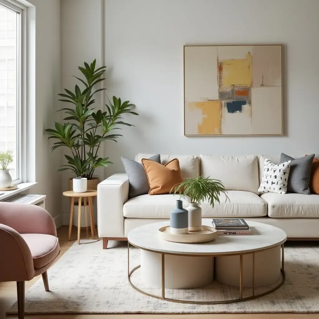 a photo of a trendy living room featuring mirrored shelving and bright accessories