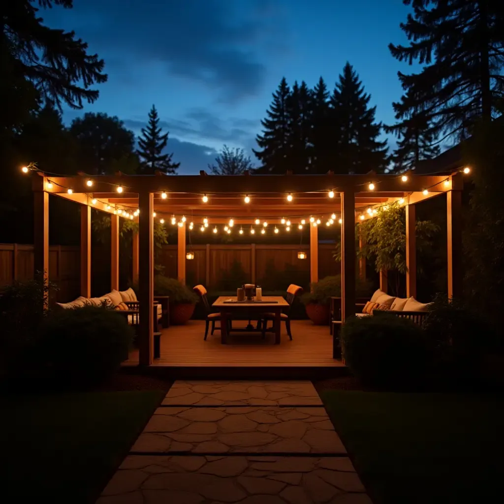 a photo of string lights illuminating a 12x12 patio at dusk