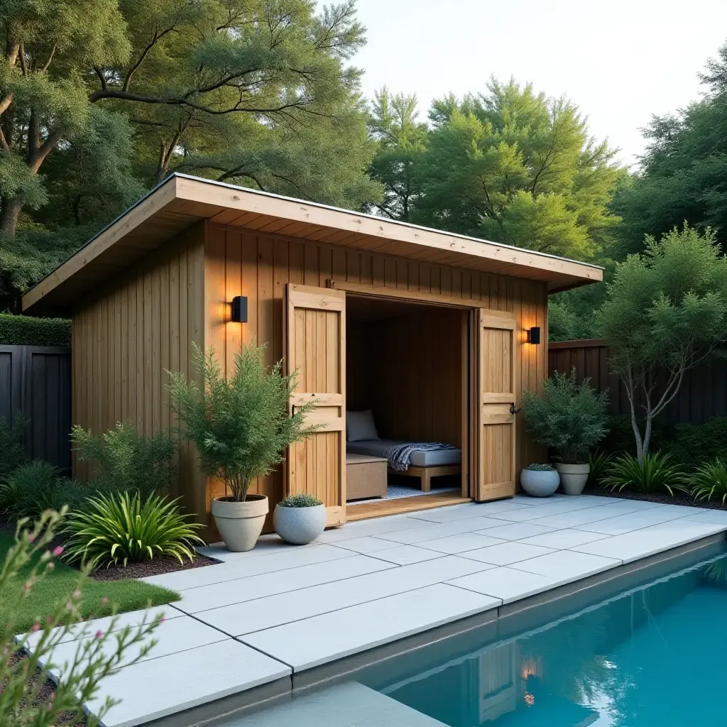 a photo of an elegant poolside storage shed with plants