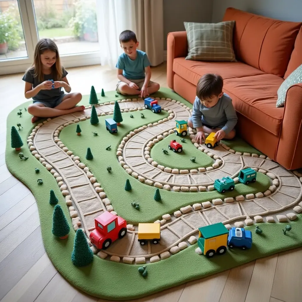 a photo of a rug with a train track design for imaginative play