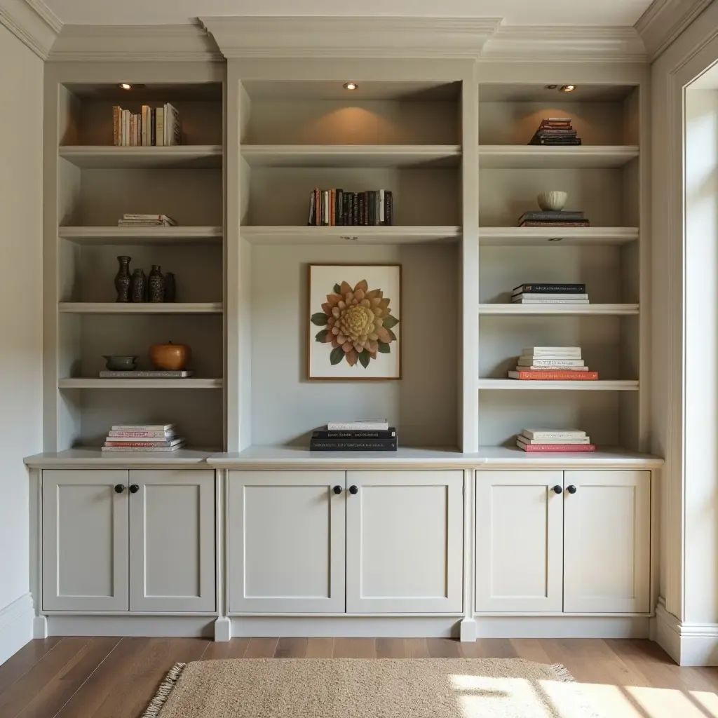 a photo of a built-in bookcase with a blend of open and closed shelving