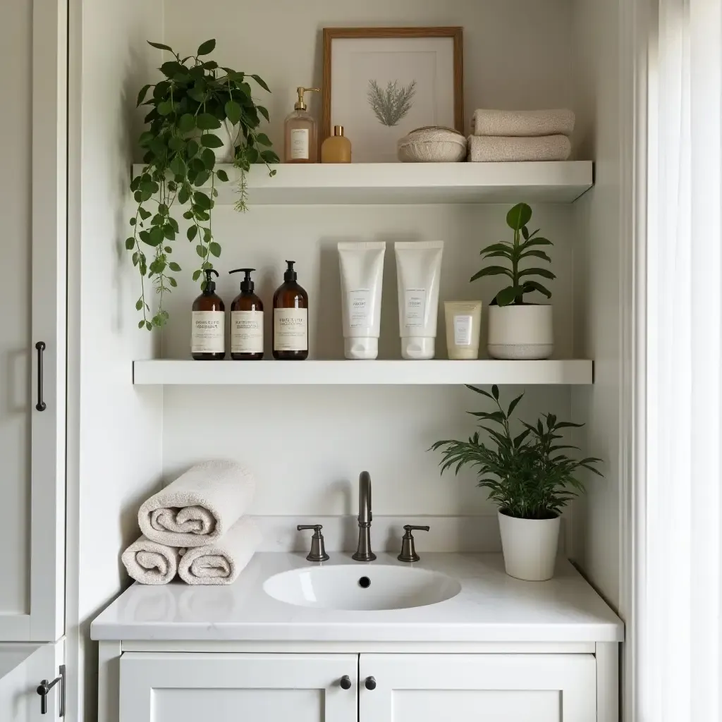 a photo of a bathroom with open shelving displaying stylish toiletries and greenery