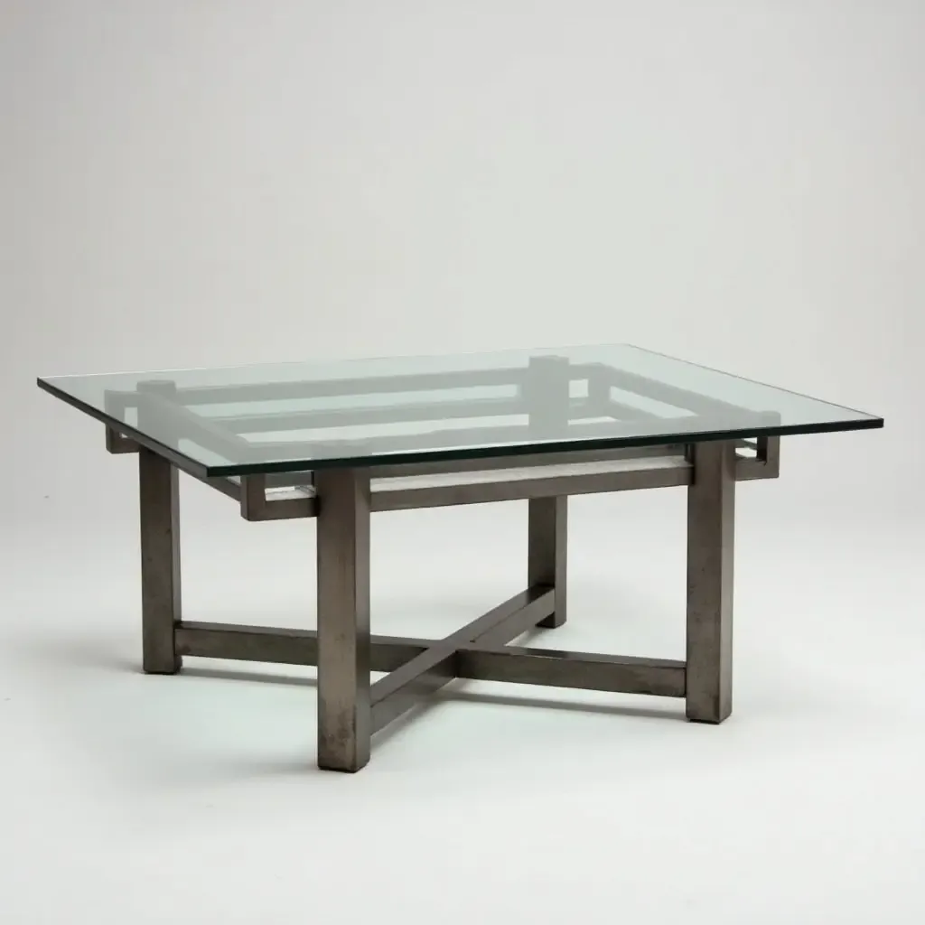 a photo of a modern industrial coffee table made of metal and glass