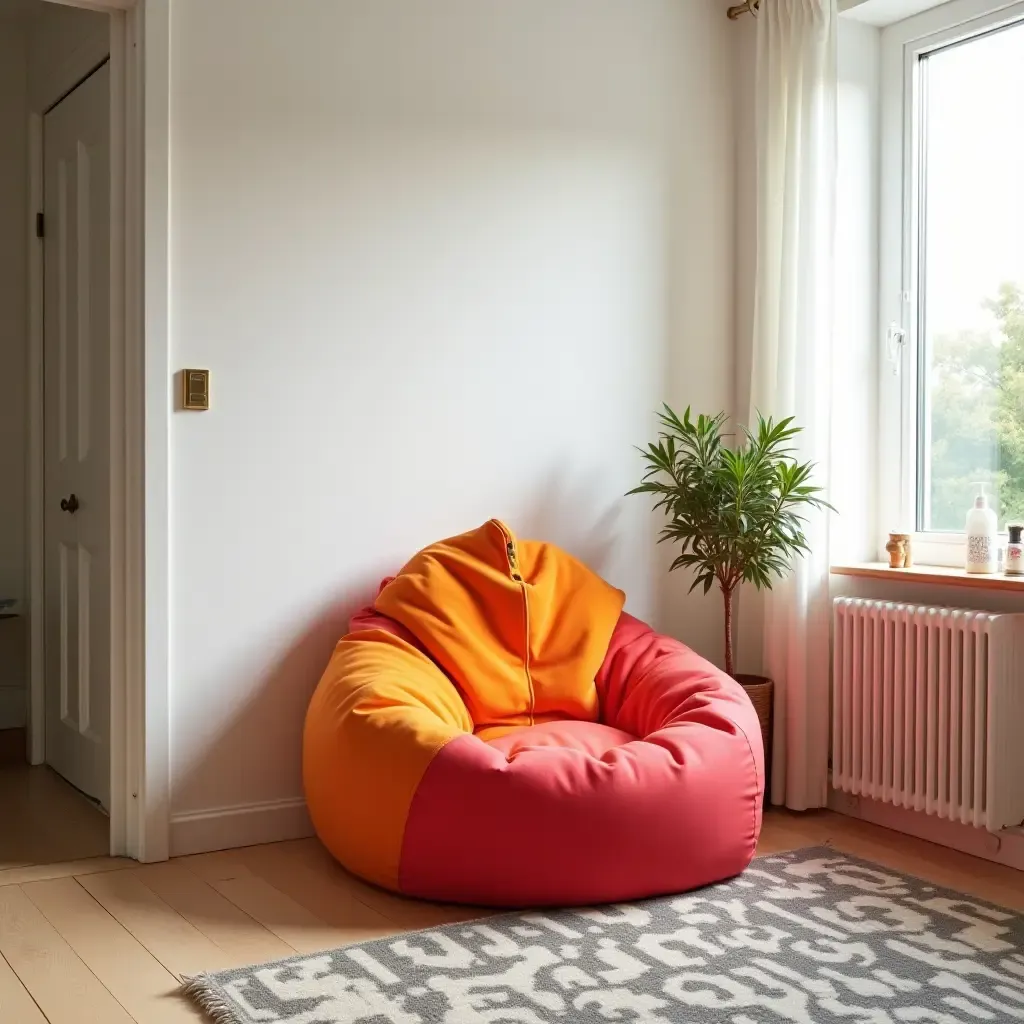 a photo of a bedroom with a fun, oversized bean bag chair in bright colors