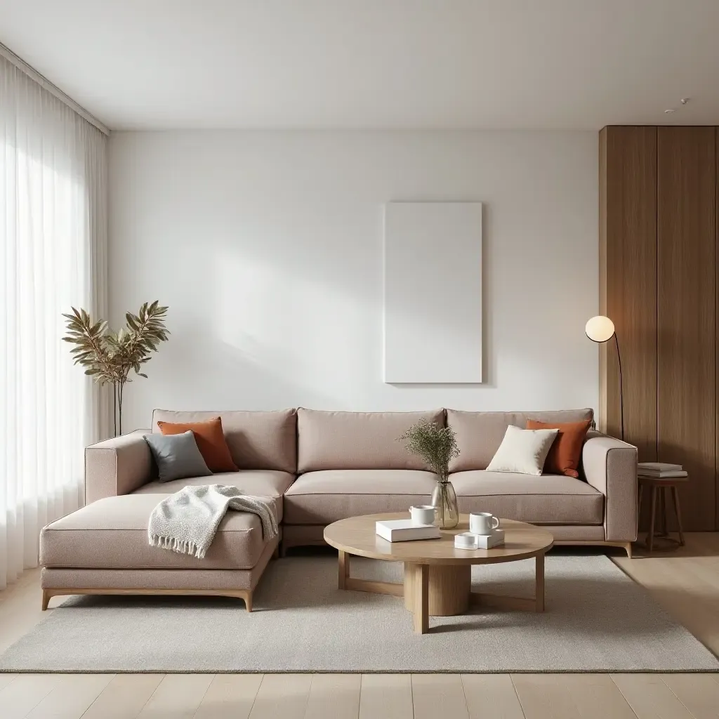 a photo of a sleek Scandinavian living room featuring a low-profile sofa and wooden accents