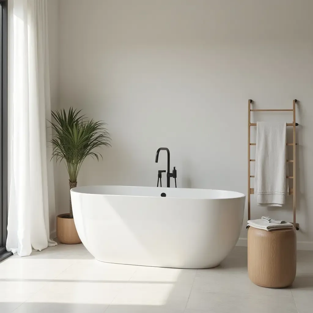 a photo of a spacious bathroom with a soaking tub and minimalist decor