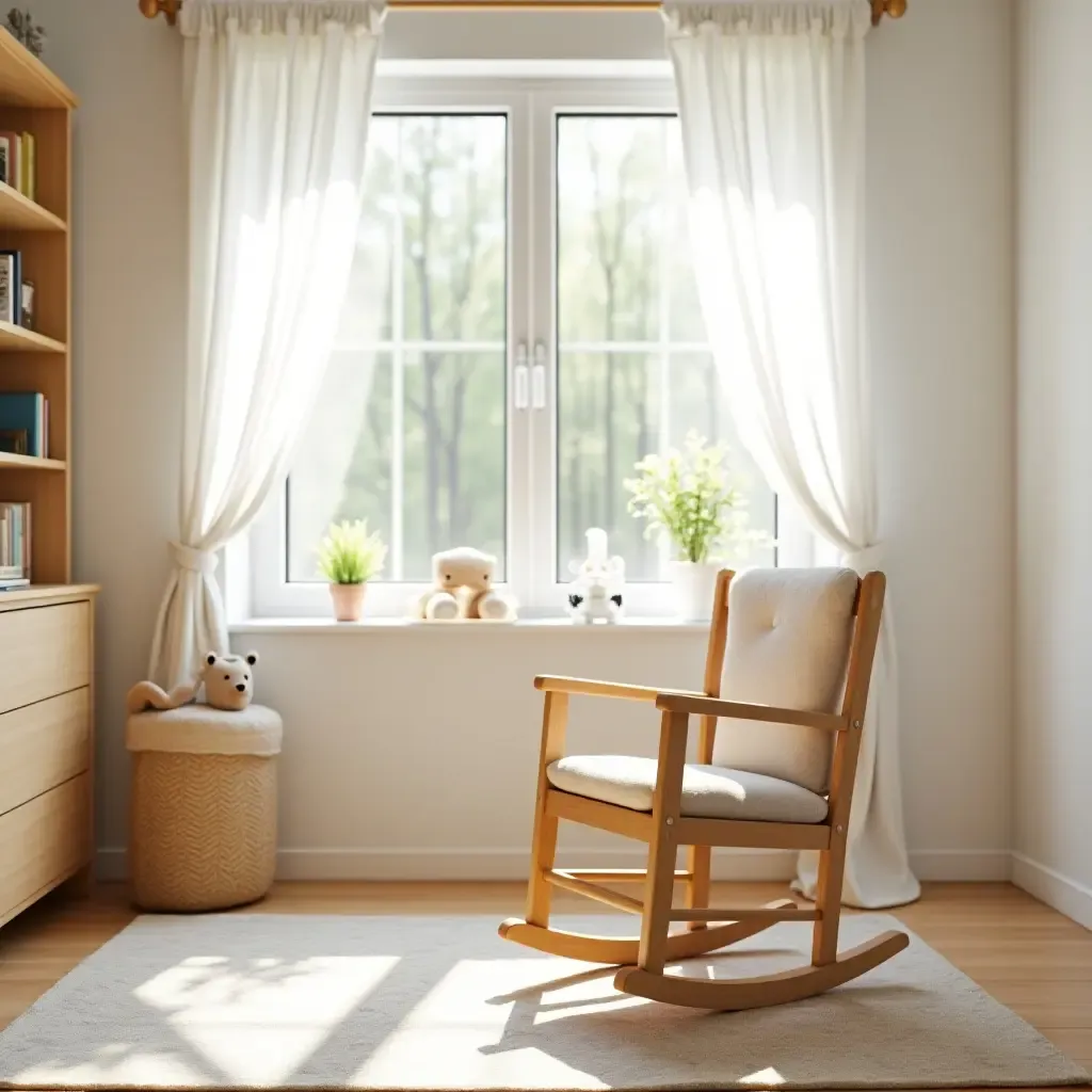 a photo of a cheerful kids&#x27; bedroom with a wooden rocking chair