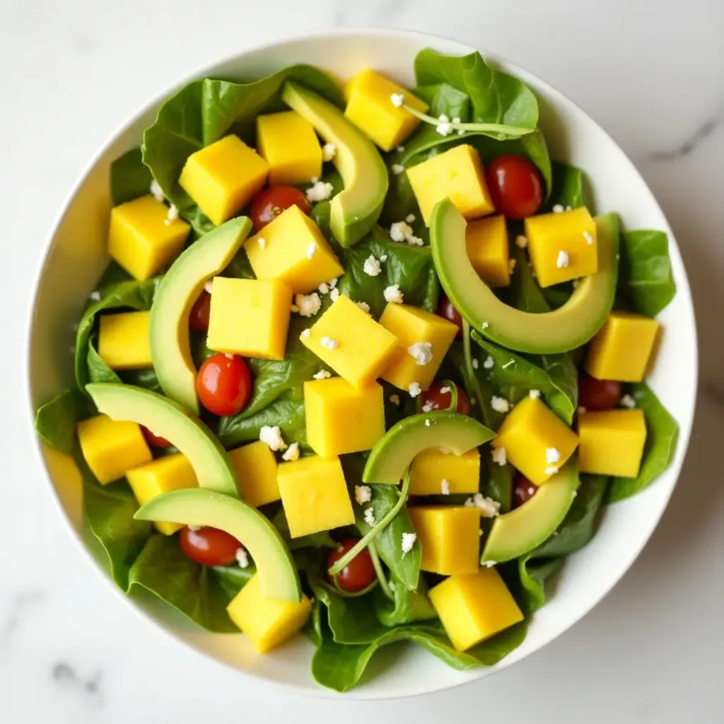 a photo of a Greek salad with mango, avocado, and a lime-cilantro dressing.