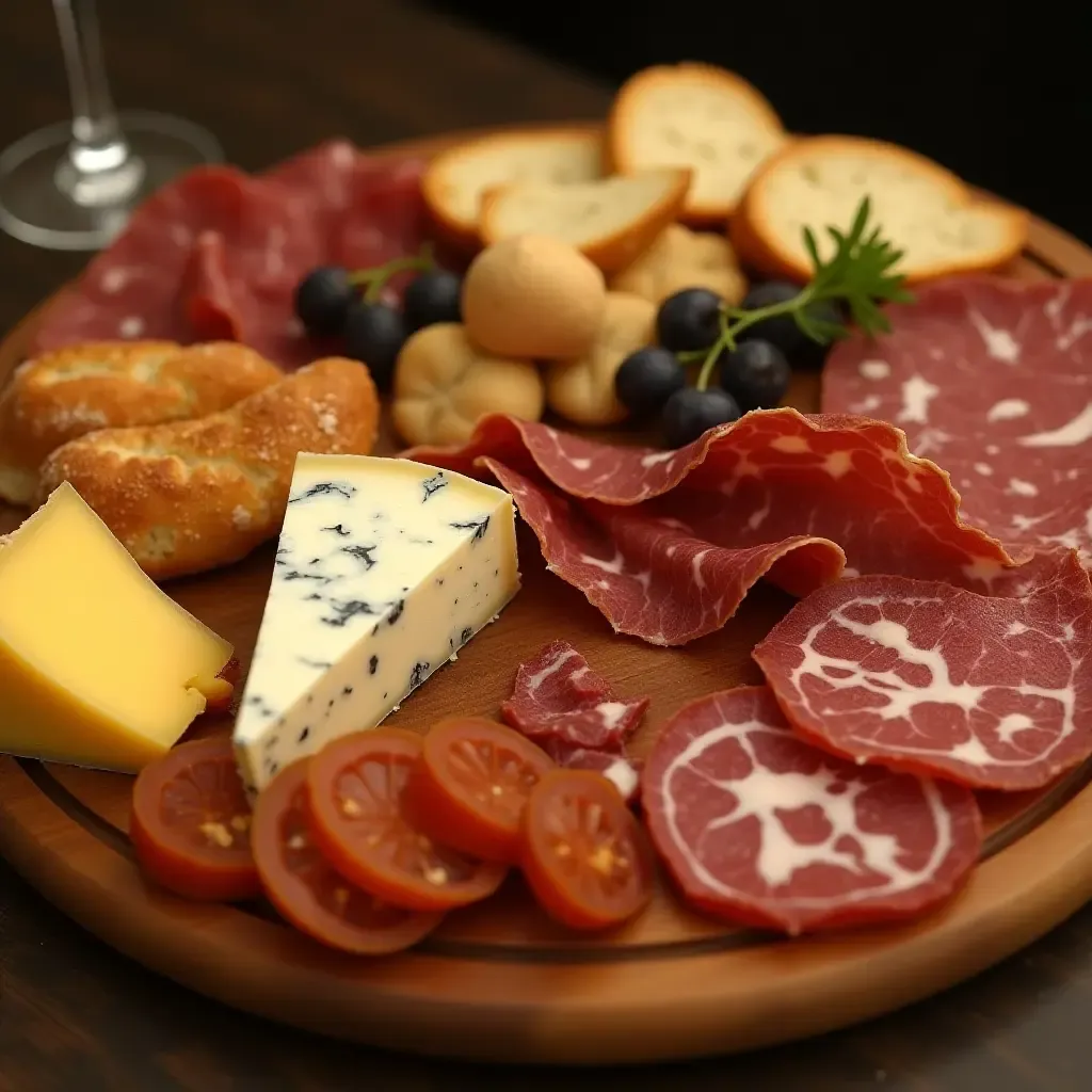 a photo of artful charcuterie board with French cheeses, cured meats, and baguette slices.