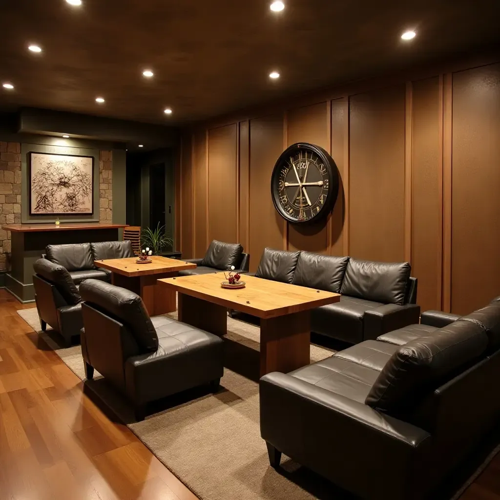 a photo of a basement family game night setup with versatile seating and tables