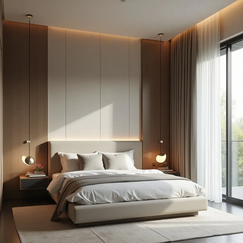 a photo of a modern bedroom with a sliding partition for privacy and space