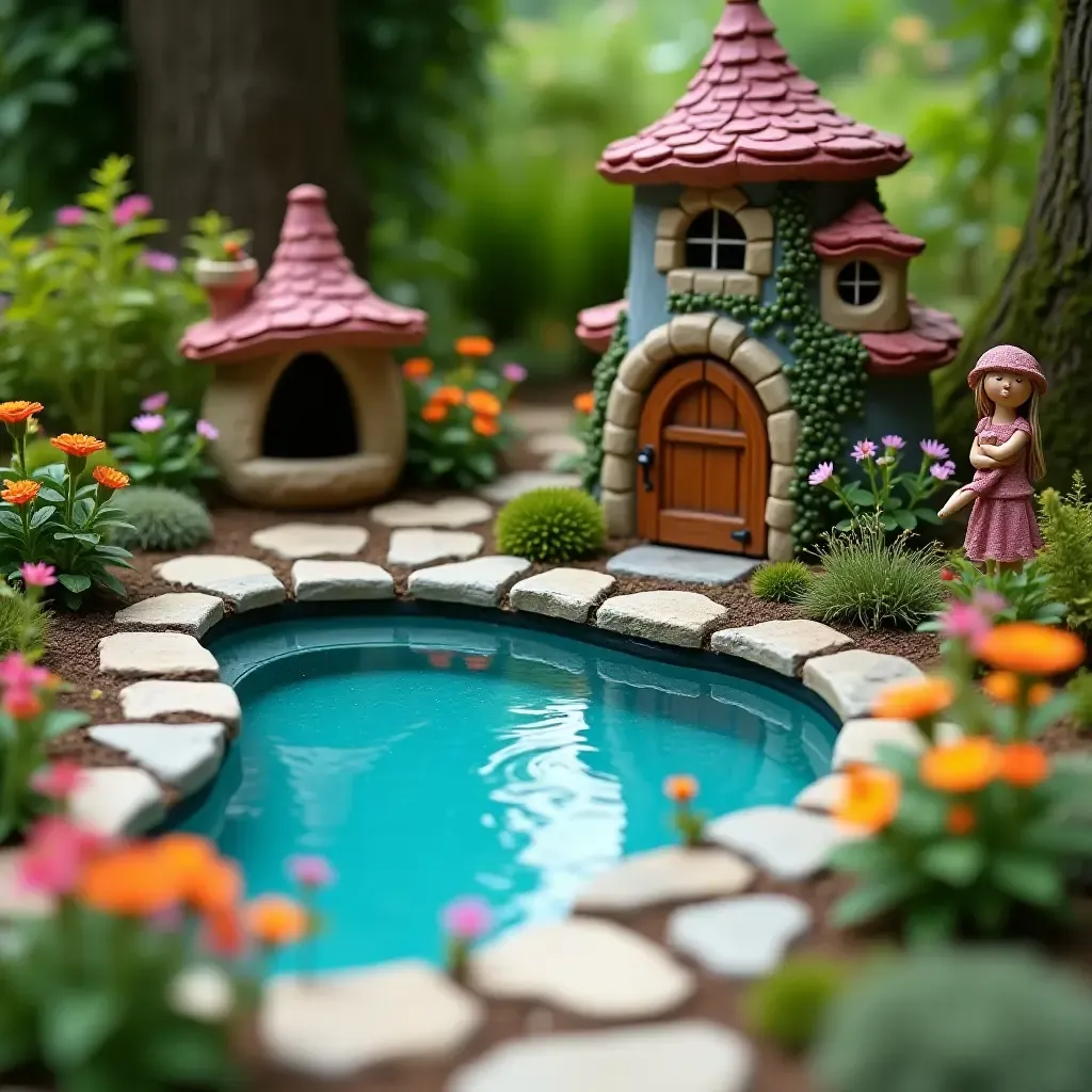 a photo of a whimsical fairy garden with miniature decorations near the pool