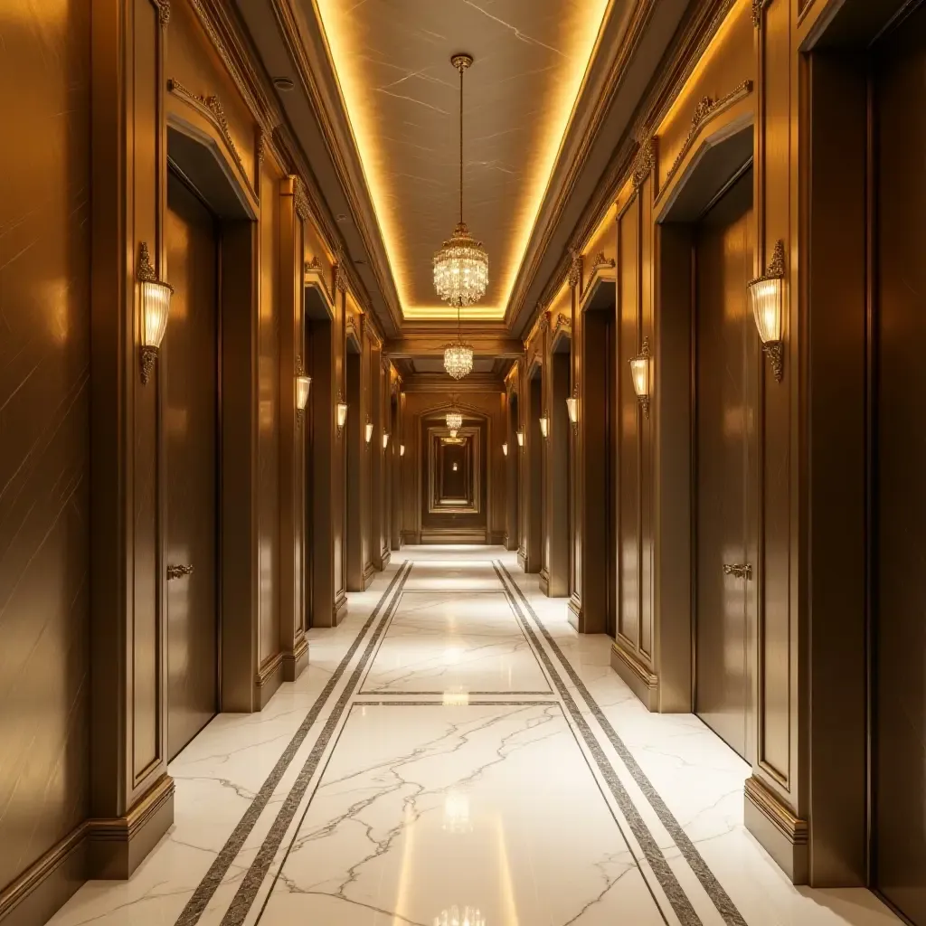 a photo of a glamorous corridor with metallic decor and elegant details