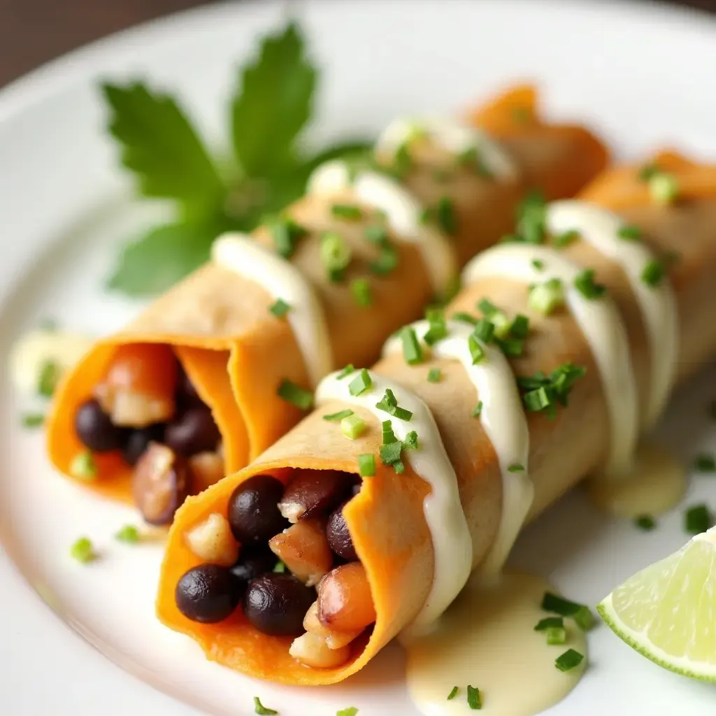 a photo of spring rolls filled with roasted sweet potato, black beans, and feta, with lime crema.