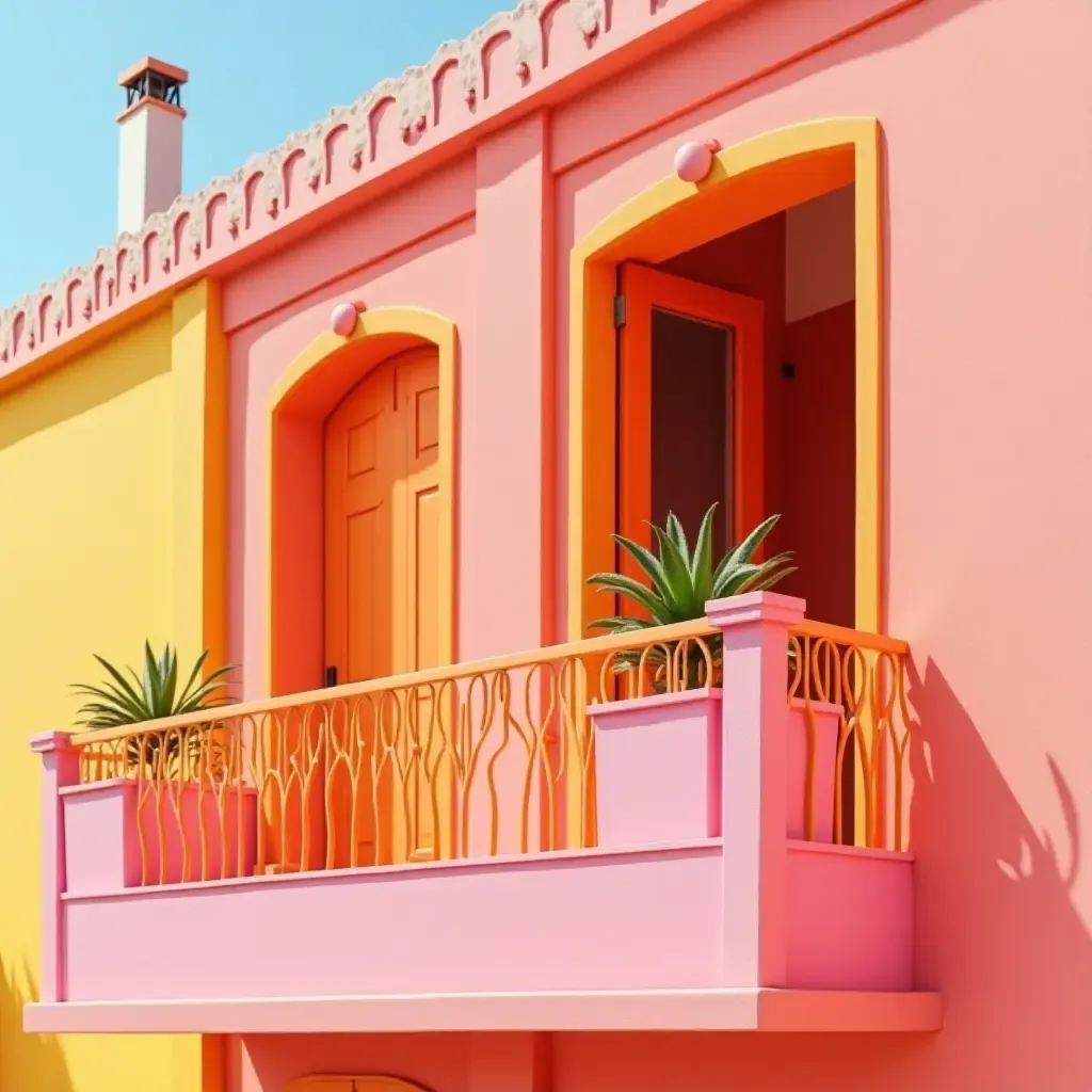 a photo of a playful balcony with bright pink and sunny orange accents