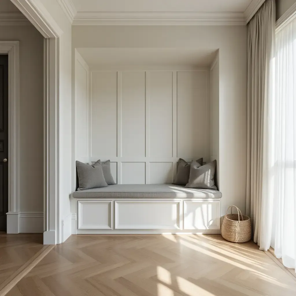 a photo of a contemporary hallway with a built-in storage bench