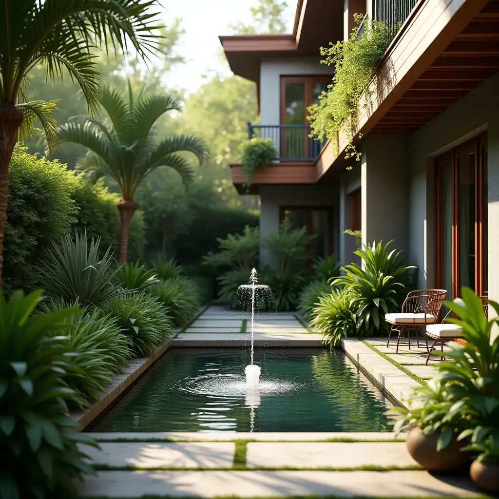 a photo of a balcony with a small fountain and lush greenery