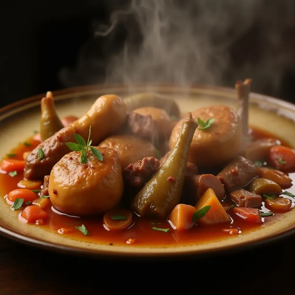 a photo of a steaming plate of Cozido à Portuguesa, showcasing various meats and vegetables.