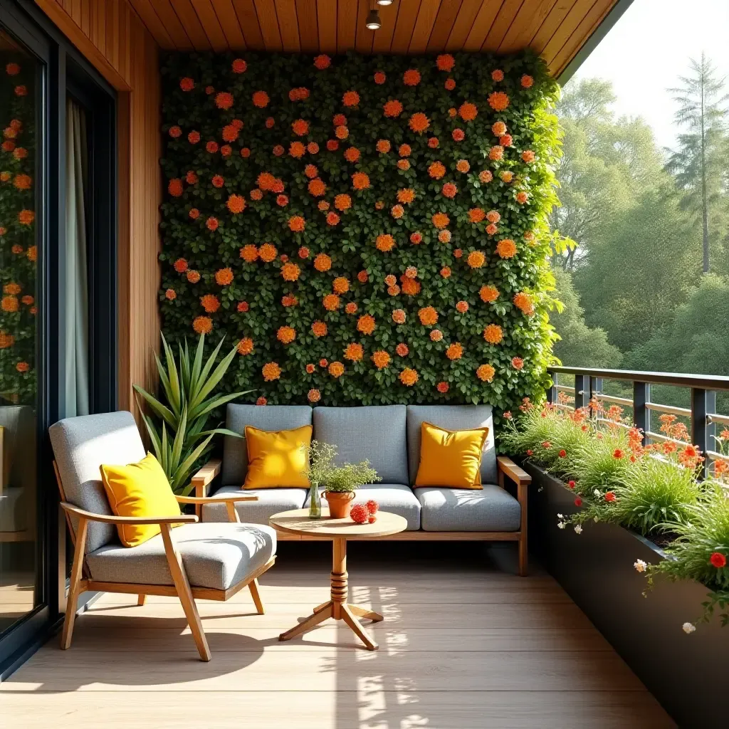 a photo of a balcony featuring a colorful flower wall and seating