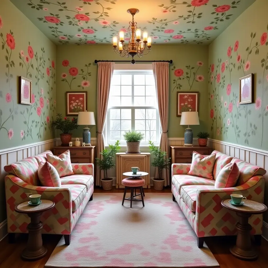 a photo of a whimsical basement tea room with colorful teacups and floral decor