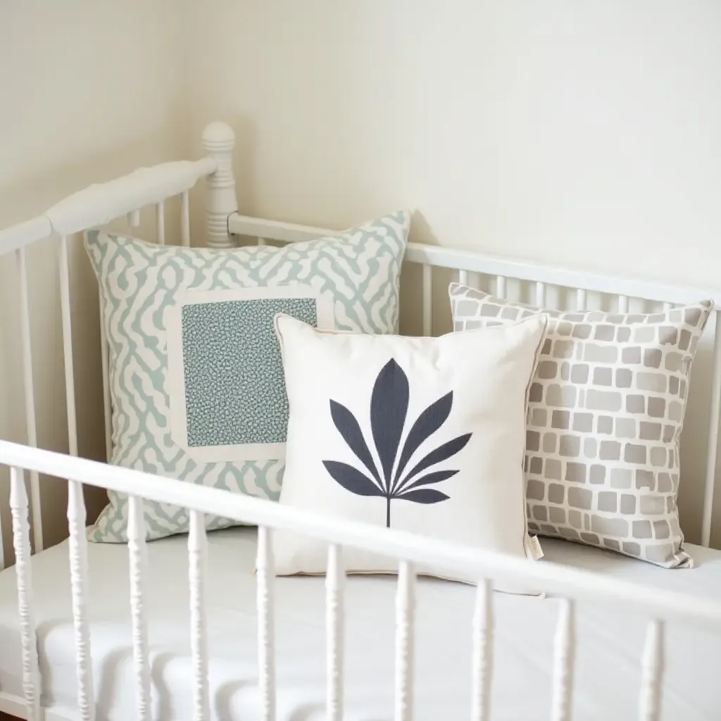 a photo of a nursery featuring throw pillows with playful designs