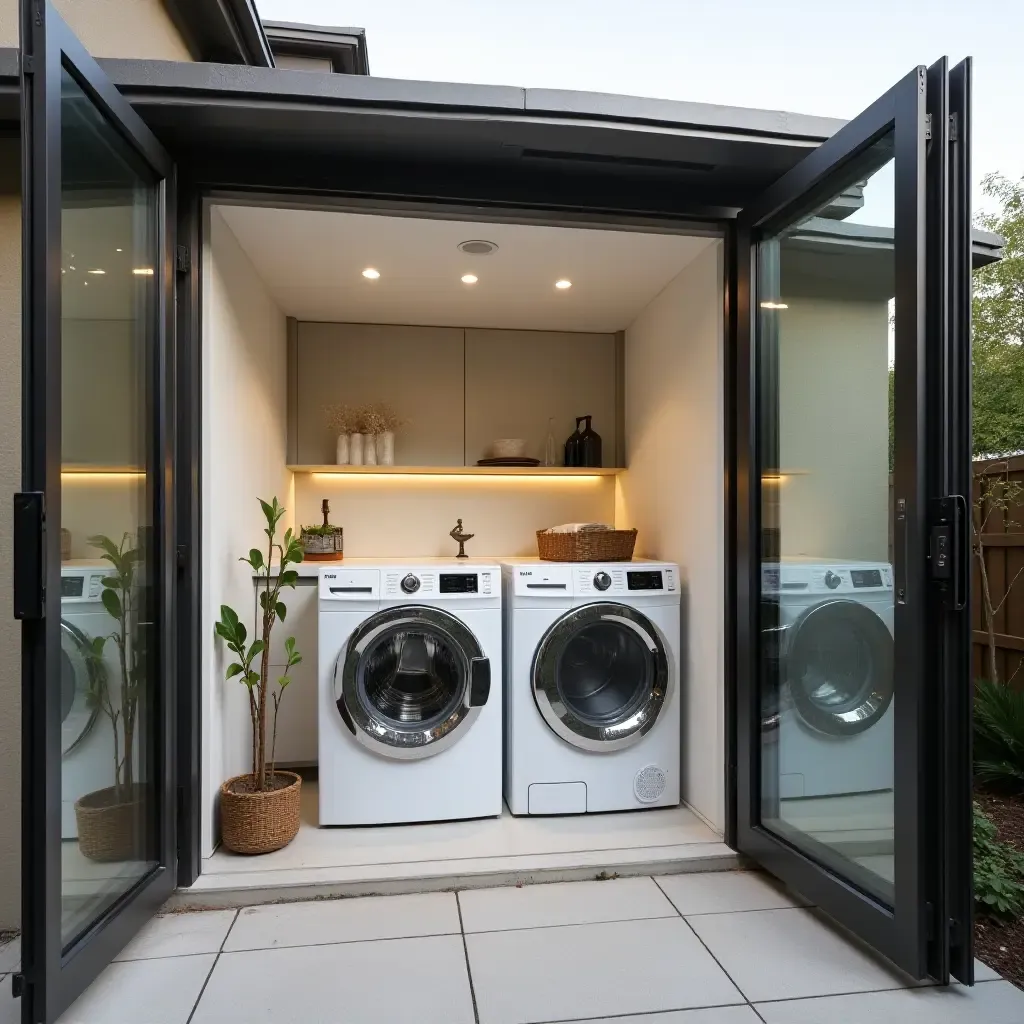 a photo of a stylish outdoor laundry space with a modern washing machine and dryer