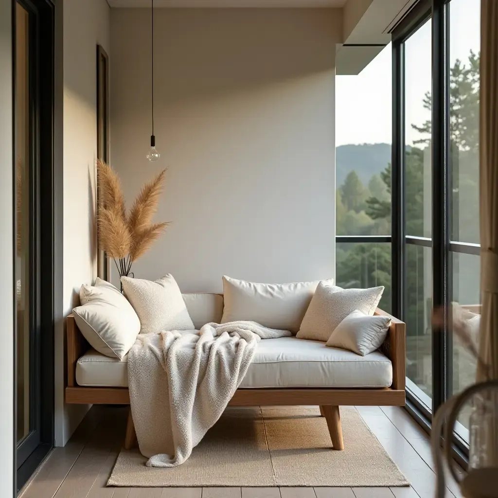 a photo of a cozy balcony with a plush daybed and soft blankets