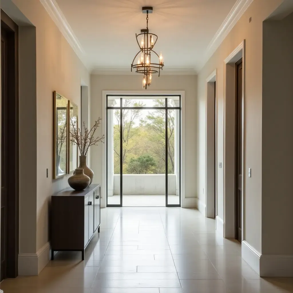 a photo of a bright entrance hall with hanging pendant lights