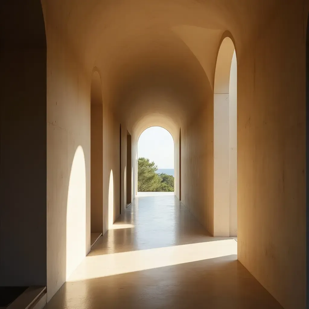 a photo of a narrow corridor enhanced by natural light