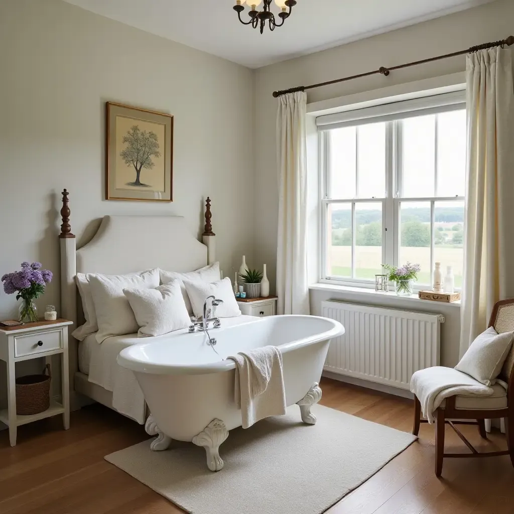 a photo of a tranquil farmhouse bedroom with a clawfoot tub and rustic decor