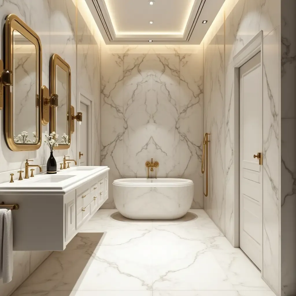 a photo of a luxurious marble bathroom with gold fixtures and elegant lighting