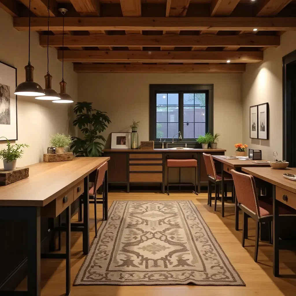 a photo of a basement craft room with creative pendant lighting