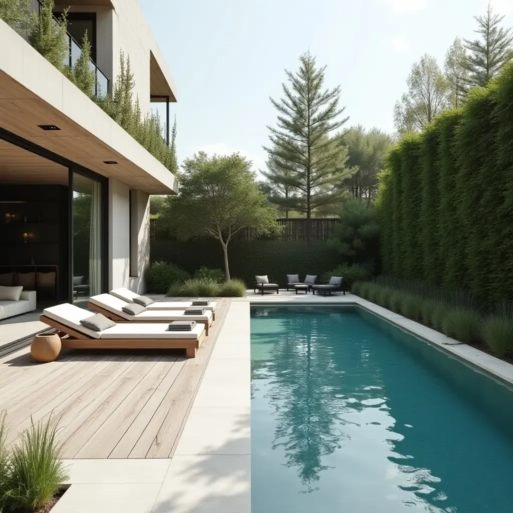 a photo of a contemporary Scandinavian poolside with geometric patterns and natural elements