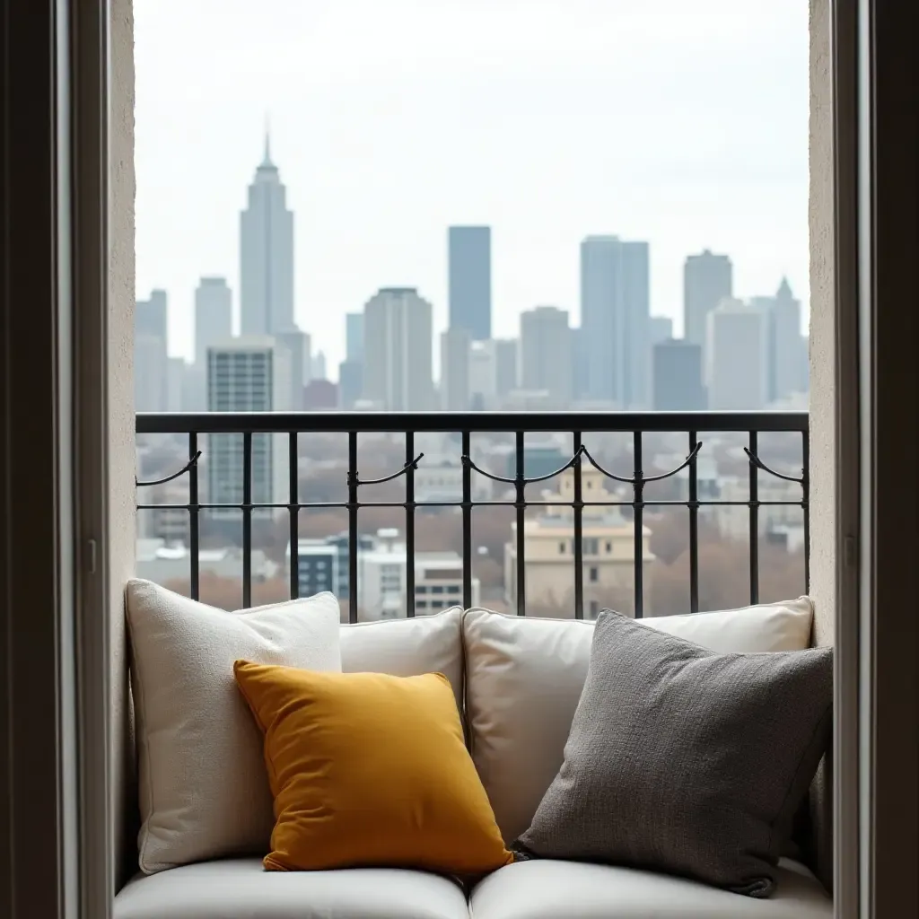 a photo of a balcony overlooking the city with stylish throw pillows