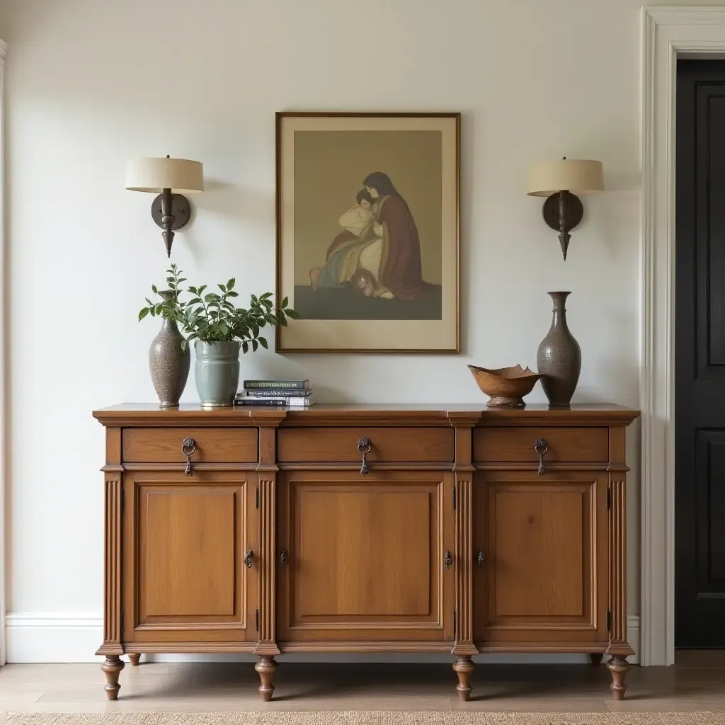 a photo of a charming vintage sideboard showcasing family heirlooms in an entrance